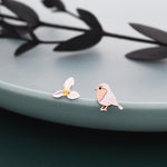 Mismatched Robin Bird and Holly Stud Earrings in Sterling Silver, Asymmetric Christmas Bird Earrings, Nature Inspired Earrings