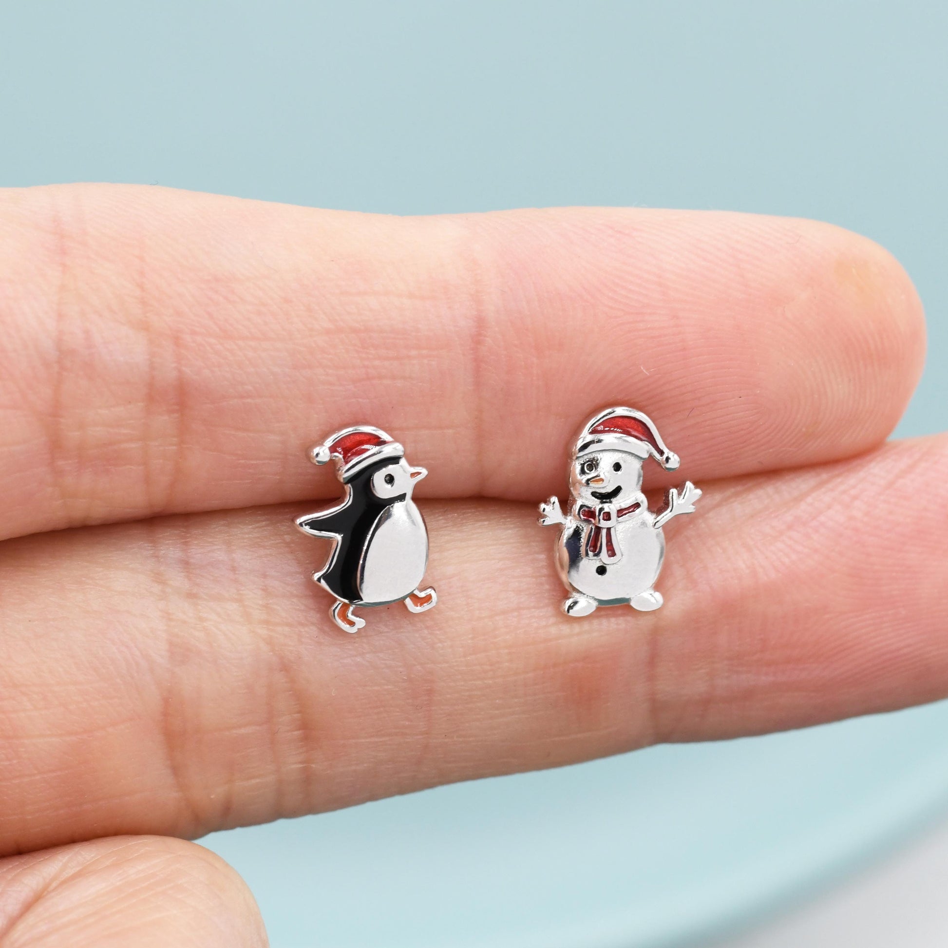 Mismatched Penguin and Snowman with Christmas Hat Stud Earrings in Sterling Silver, Asymmetric Winter Earrings, Christmas Earrings