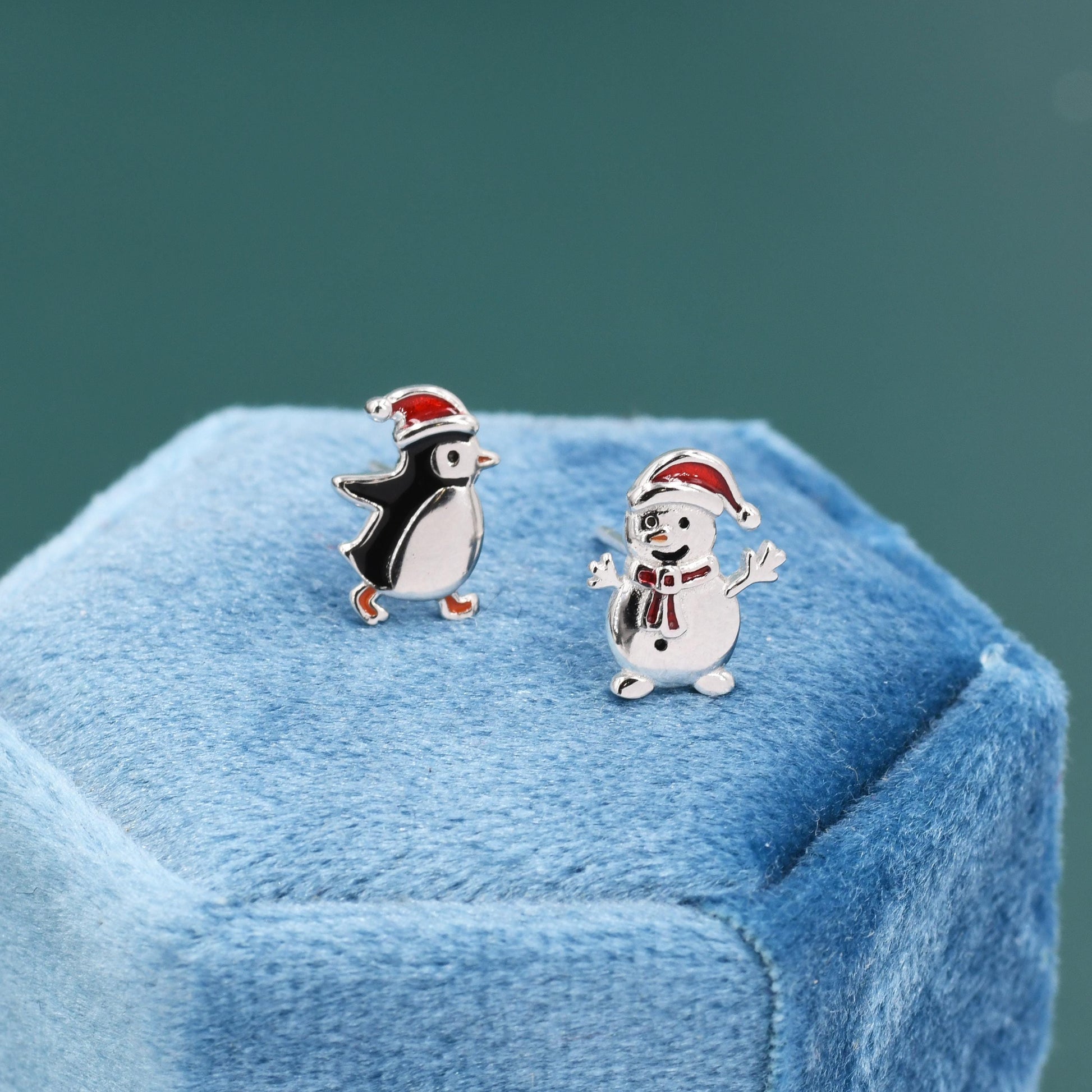 Mismatched Penguin and Snowman with Christmas Hat Stud Earrings in Sterling Silver, Asymmetric Winter Earrings, Christmas Earrings