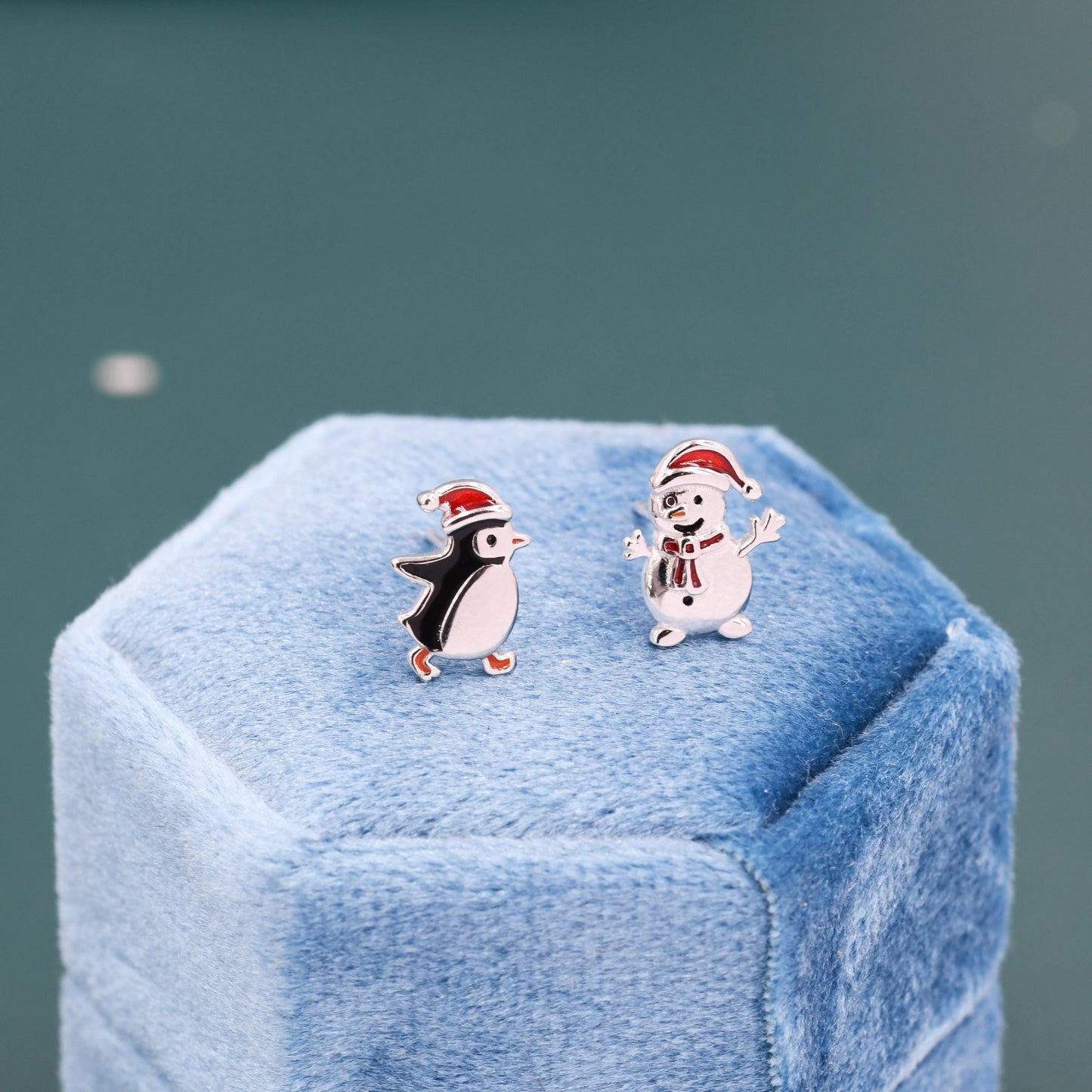 Mismatched Penguin and Snowman with Christmas Hat Stud Earrings in Sterling Silver, Asymmetric Winter Earrings, Christmas Earrings