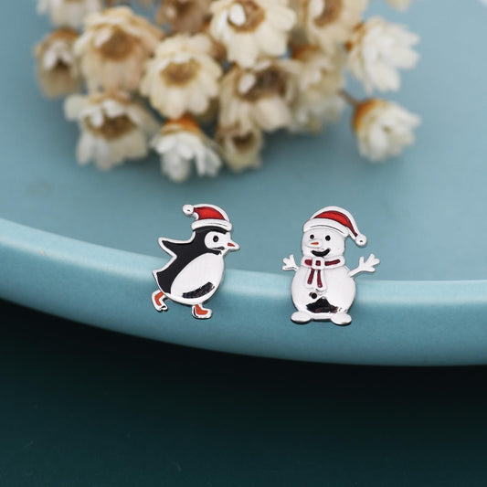 Mismatched Penguin and Snowman with Christmas Hat Stud Earrings in Sterling Silver, Asymmetric Winter Earrings, Christmas Earrings
