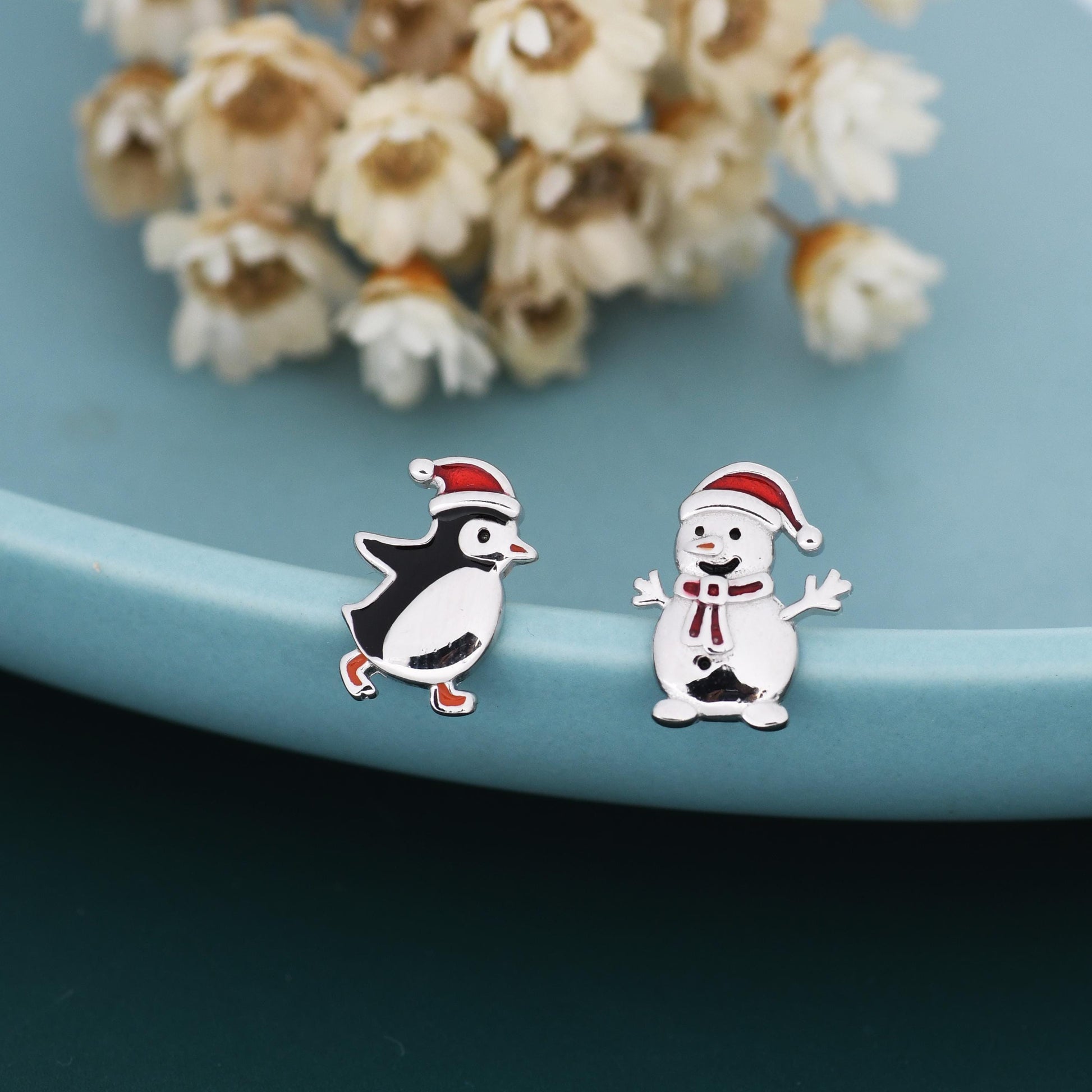 Mismatched Penguin and Snowman with Christmas Hat Stud Earrings in Sterling Silver, Asymmetric Winter Earrings, Christmas Earrings