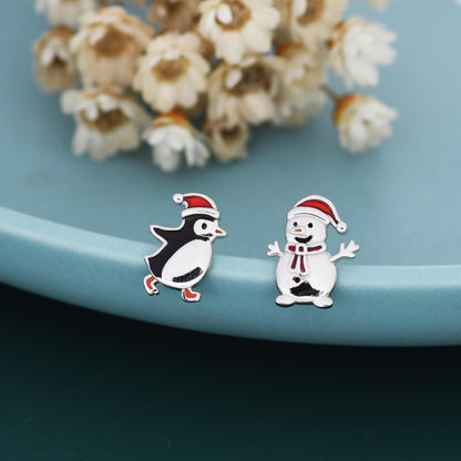 Mismatched Penguin and Snowman with Christmas Hat Stud Earrings in Sterling Silver, Asymmetric Winter Earrings, Christmas Earrings