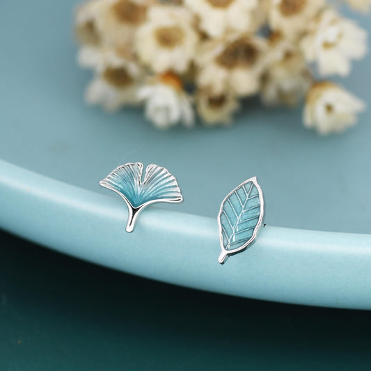 Mismatched Enamel Beech and Ginkgo Leaf Stud Earrings in Sterling Silver, Asymmetric Petite Beech Leaf Earrings, Nature Inspired