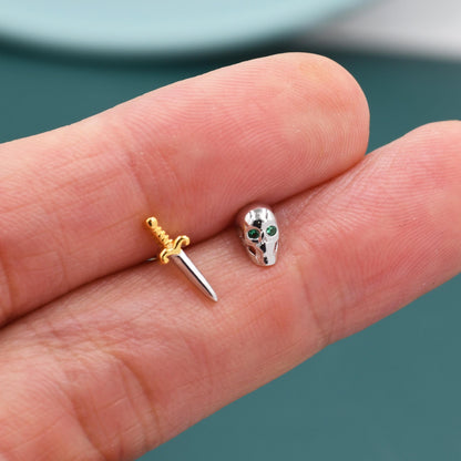 Mismatched Tiny Skull and Sword Stud Earrings in Sterling Silver, Asymmetric Sword and Skull Earrings