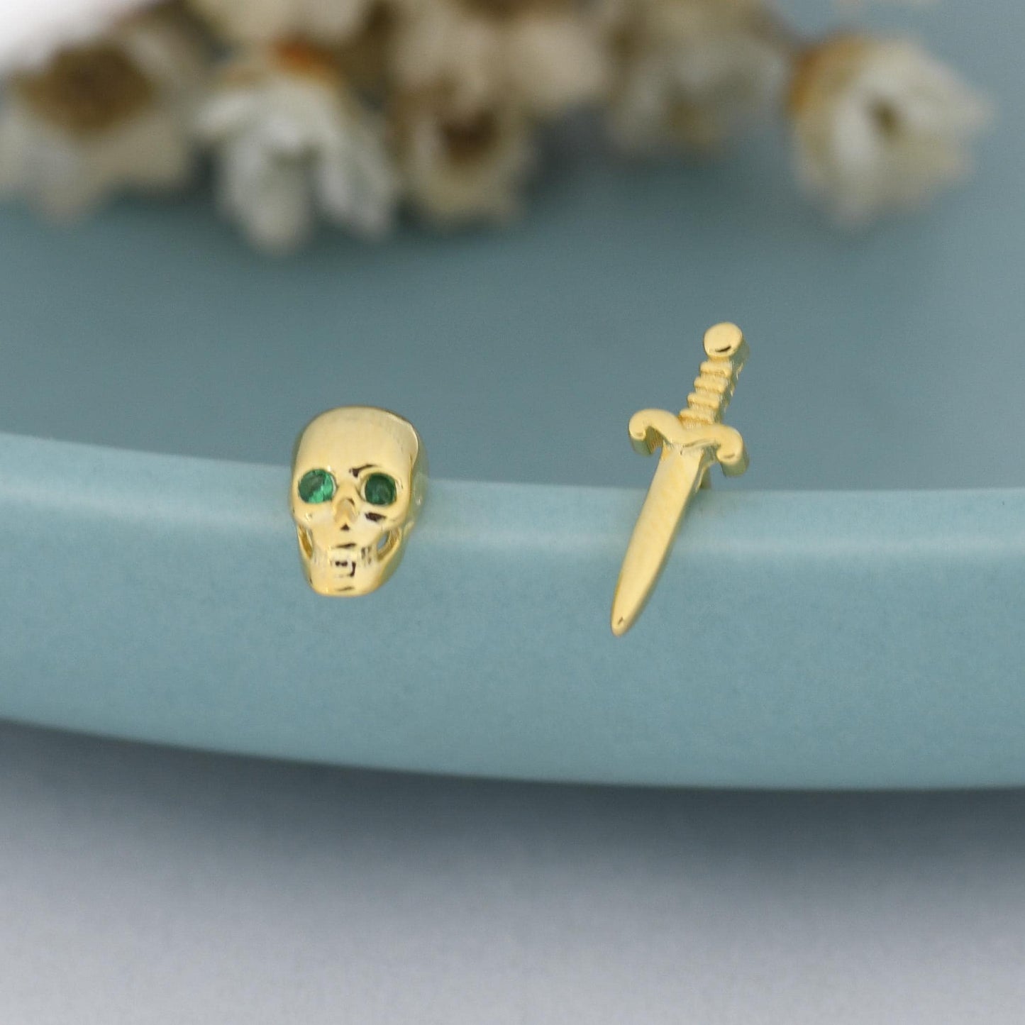 Mismatched Tiny Skull and Sword Stud Earrings in Sterling Silver, Also with Gold Finish, Asymmetric Sword and Skull Earrings