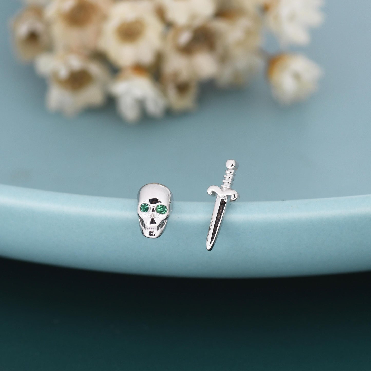 Mismatched Tiny Skull and Sword Stud Earrings in Sterling Silver, Also with Gold Finish, Asymmetric Sword and Skull Earrings