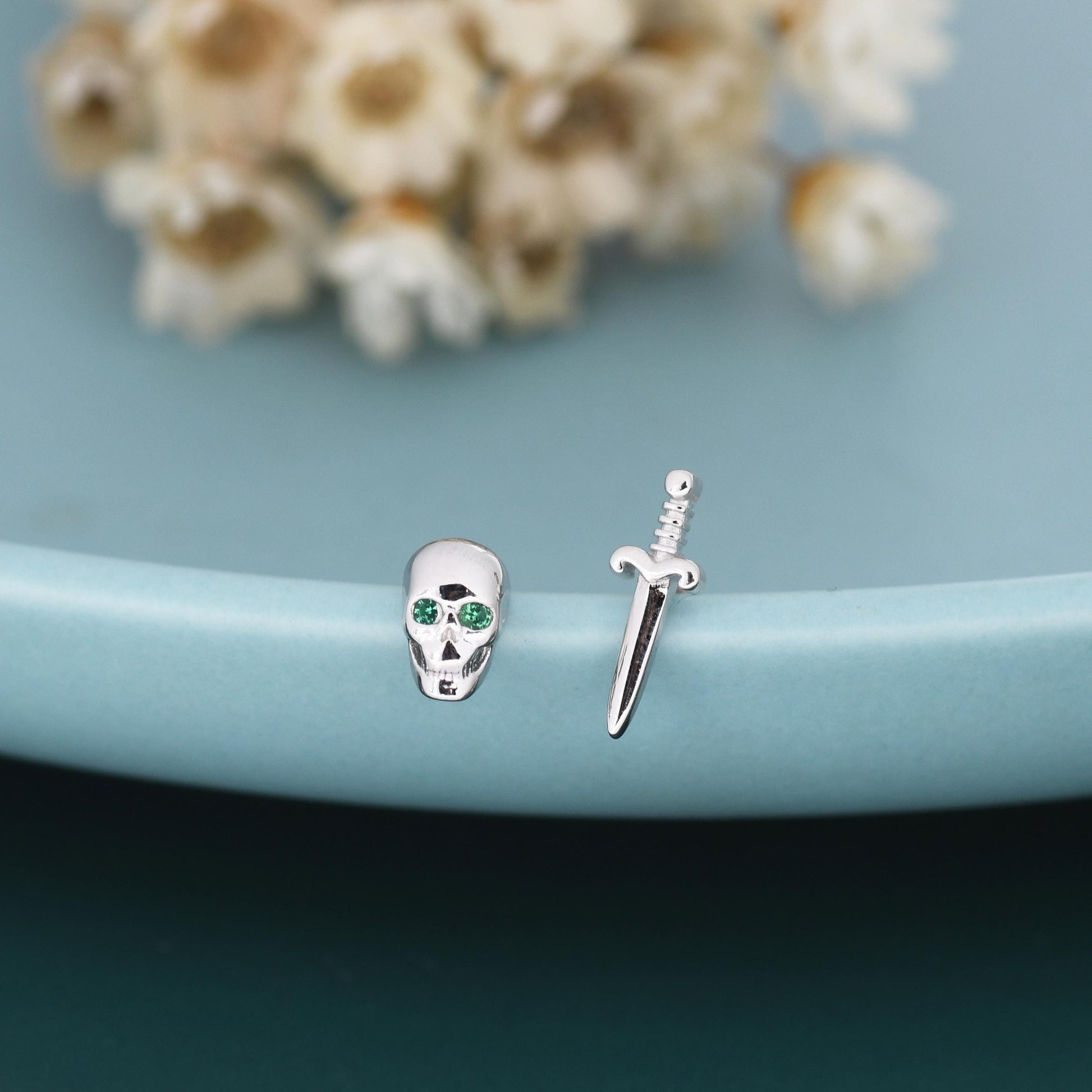 Mismatched Tiny Skull and Sword Stud Earrings in Sterling Silver, Also with Gold Finish, Asymmetric Sword and Skull Earrings
