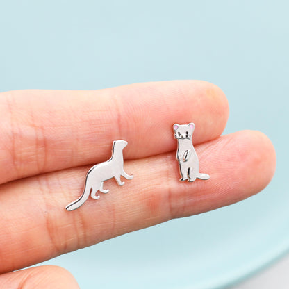 Mismatched Sterling Silver Cute Weasel Stud Earrings, Asymmetric Ferret Earrings, Cute Fun Quirky, Gift for Her, Nature Inspired