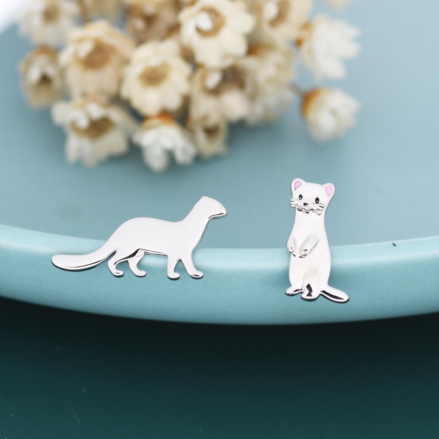Mismatched Sterling Silver Cute Weasel Stud Earrings, Asymmetric Ferret Earrings, Cute Fun Quirky, Gift for Her, Nature Inspired