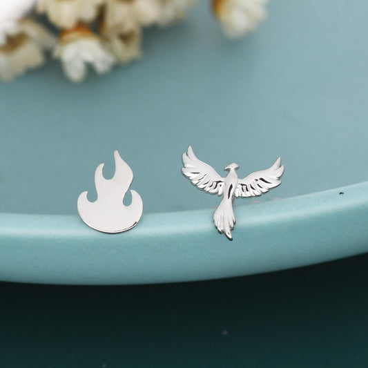 Mismatched Sterling Silver Phoenix and Fire Stud Earrings, Asymmetric Fire and Phoenix Bird Earrings, Cute Fun Quirky,