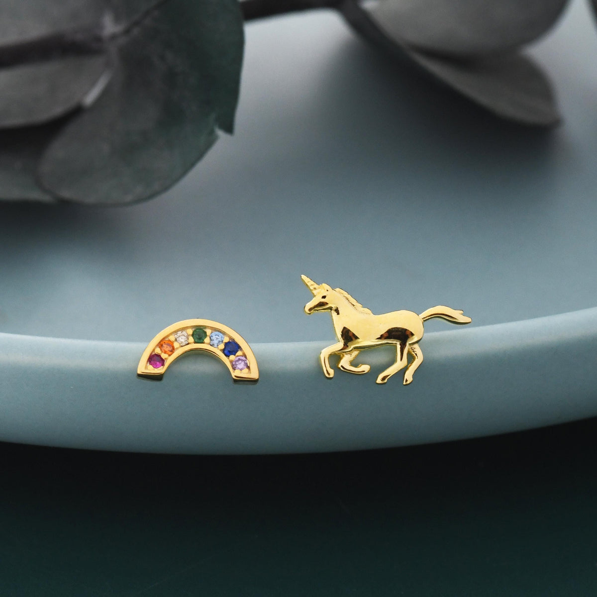 Mismatched Unicorn and Rainbow Stud Earrings in Sterling Silver, Silver or Gold Finish, Asymmetric Unicorn Earrings, Unicorn Horse Earrings