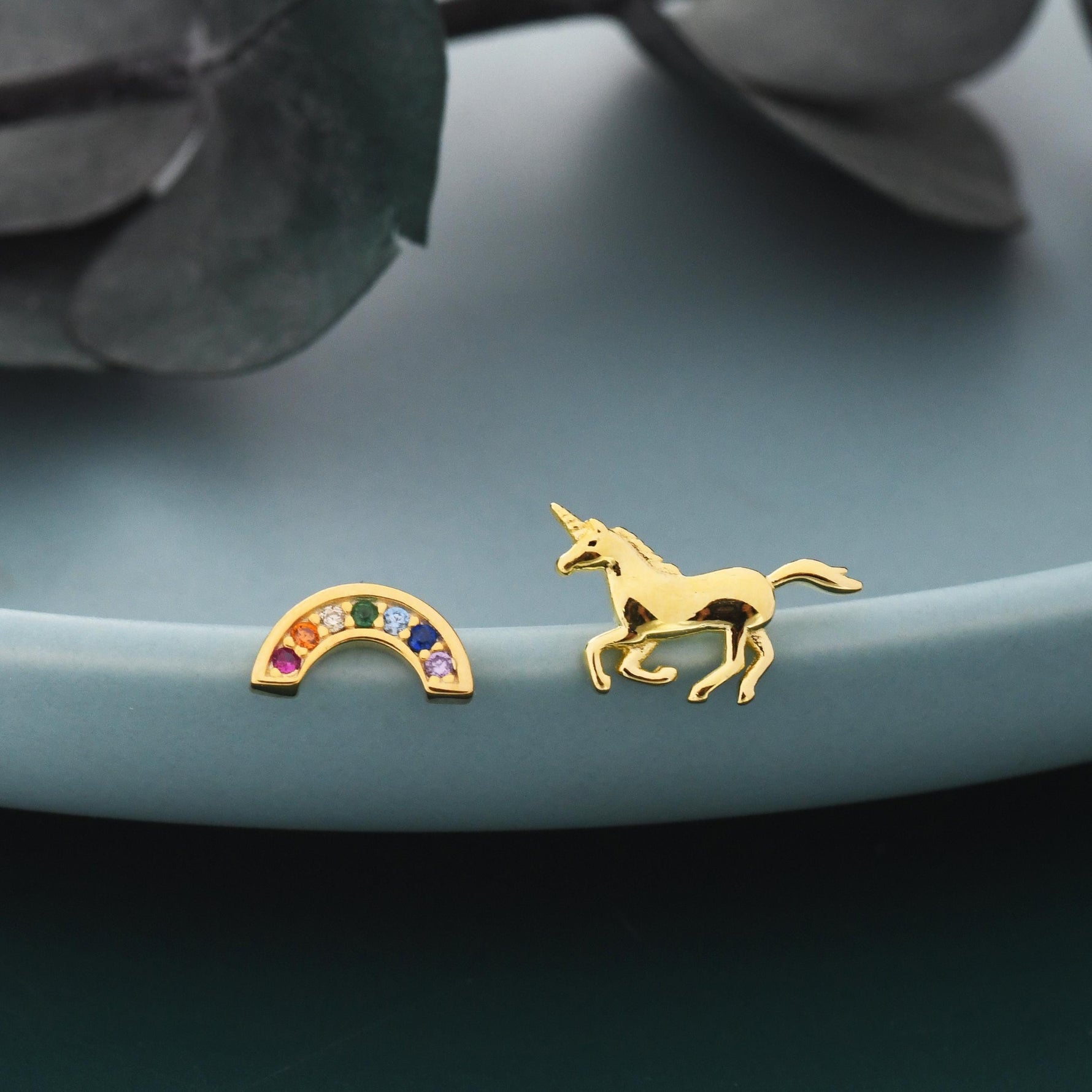 Mismatched Unicorn and Rainbow Stud Earrings in Sterling Silver, Silver or Gold Finish, Asymmetric Unicorn Earrings, Unicorn Horse Earrings