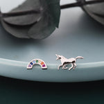 Mismatched Unicorn and Rainbow Stud Earrings in Sterling Silver, Silver or Gold Finish, Asymmetric Unicorn Earrings, Unicorn Horse Earrings