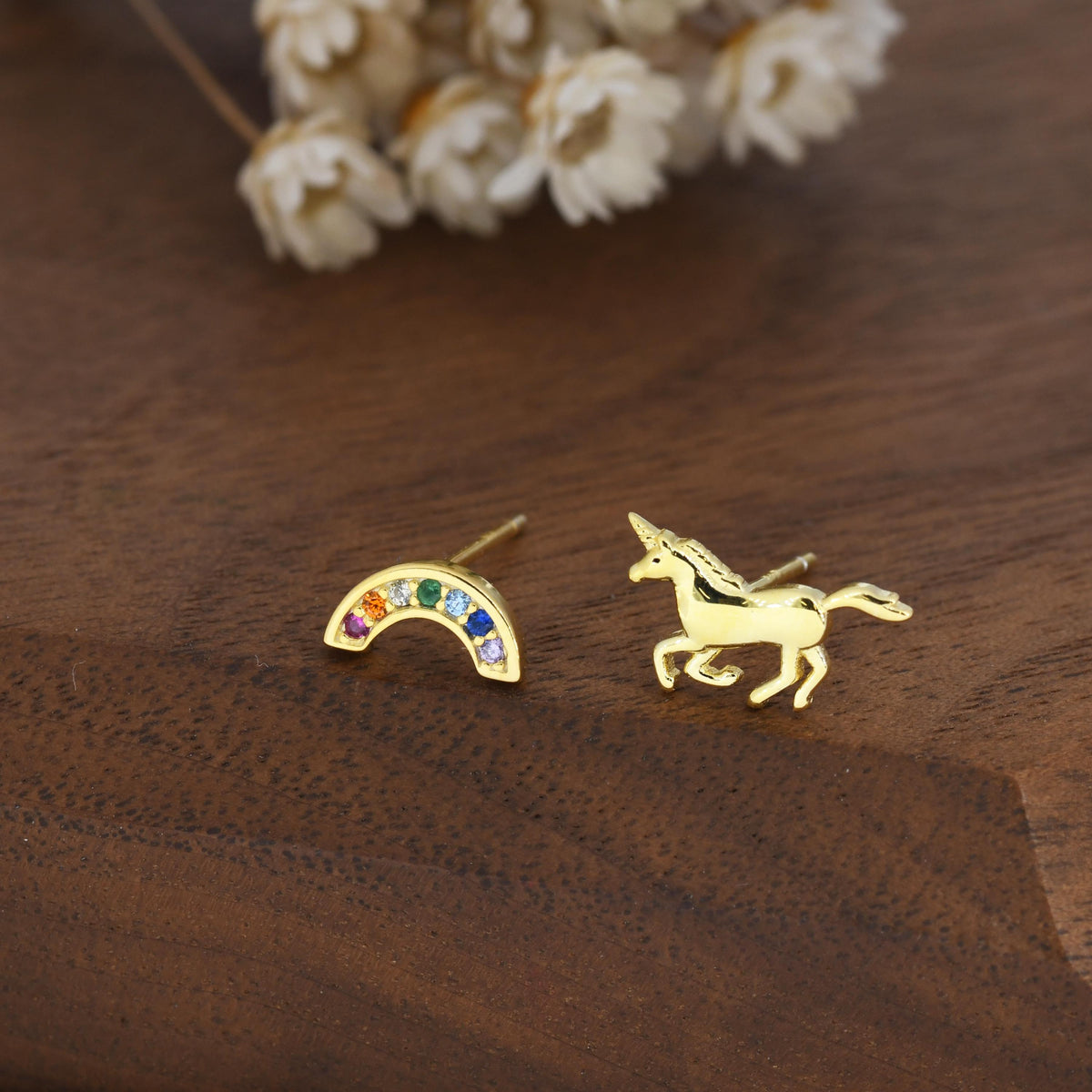 Mismatched Unicorn and Rainbow Stud Earrings in Sterling Silver, Silver or Gold Finish, Asymmetric Unicorn Earrings, Unicorn Horse Earrings