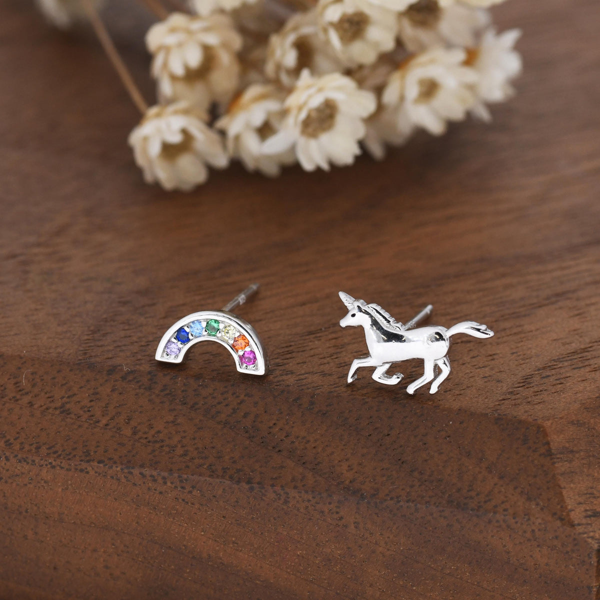 Mismatched Unicorn and Rainbow Stud Earrings in Sterling Silver, Silver or Gold Finish, Asymmetric Unicorn Earrings, Unicorn Horse Earrings