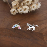 Mismatched Unicorn and Rainbow Stud Earrings in Sterling Silver, Silver or Gold Finish, Asymmetric Unicorn Earrings, Unicorn Horse Earrings