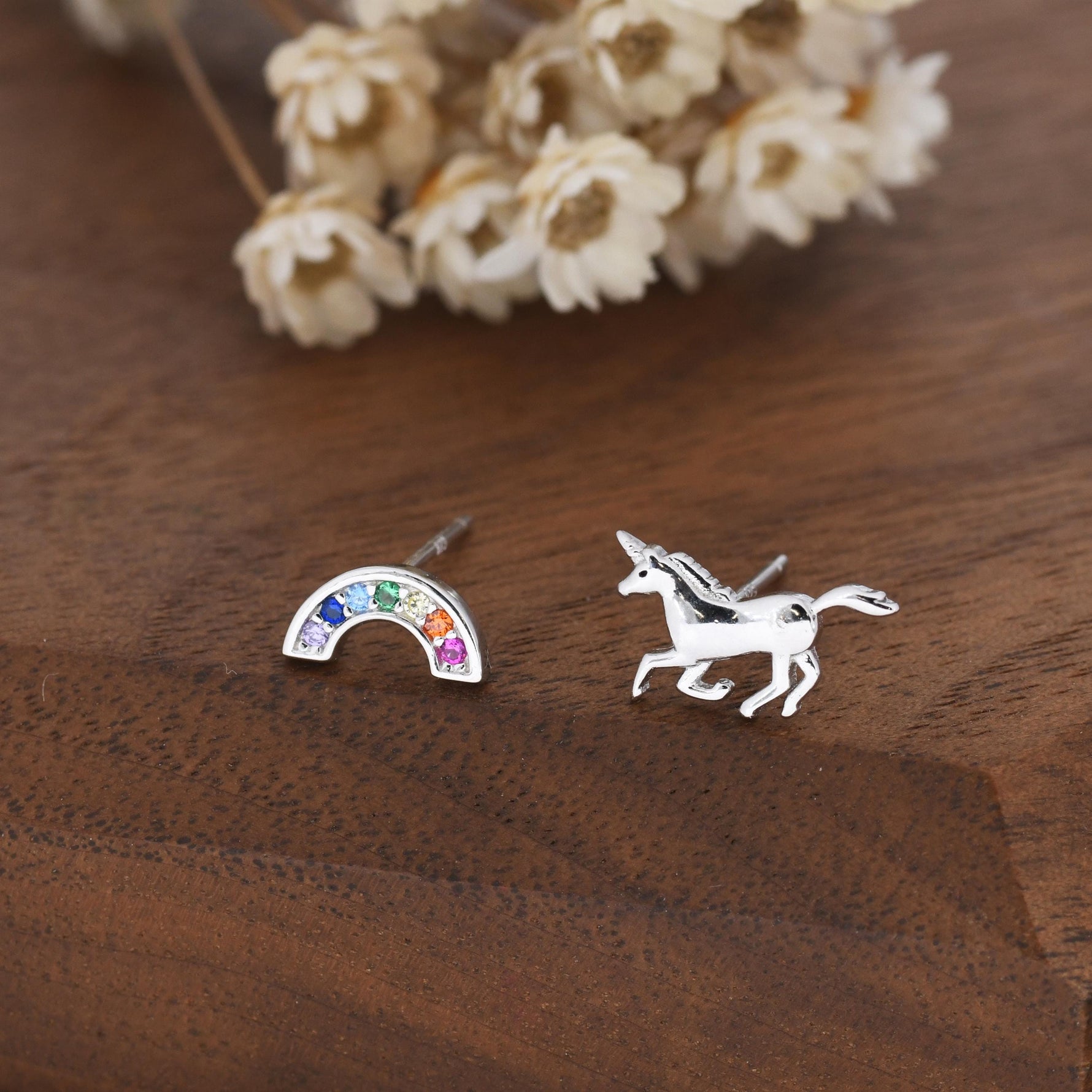 Mismatched Unicorn and Rainbow Stud Earrings in Sterling Silver, Silver or Gold Finish, Asymmetric Unicorn Earrings, Unicorn Horse Earrings