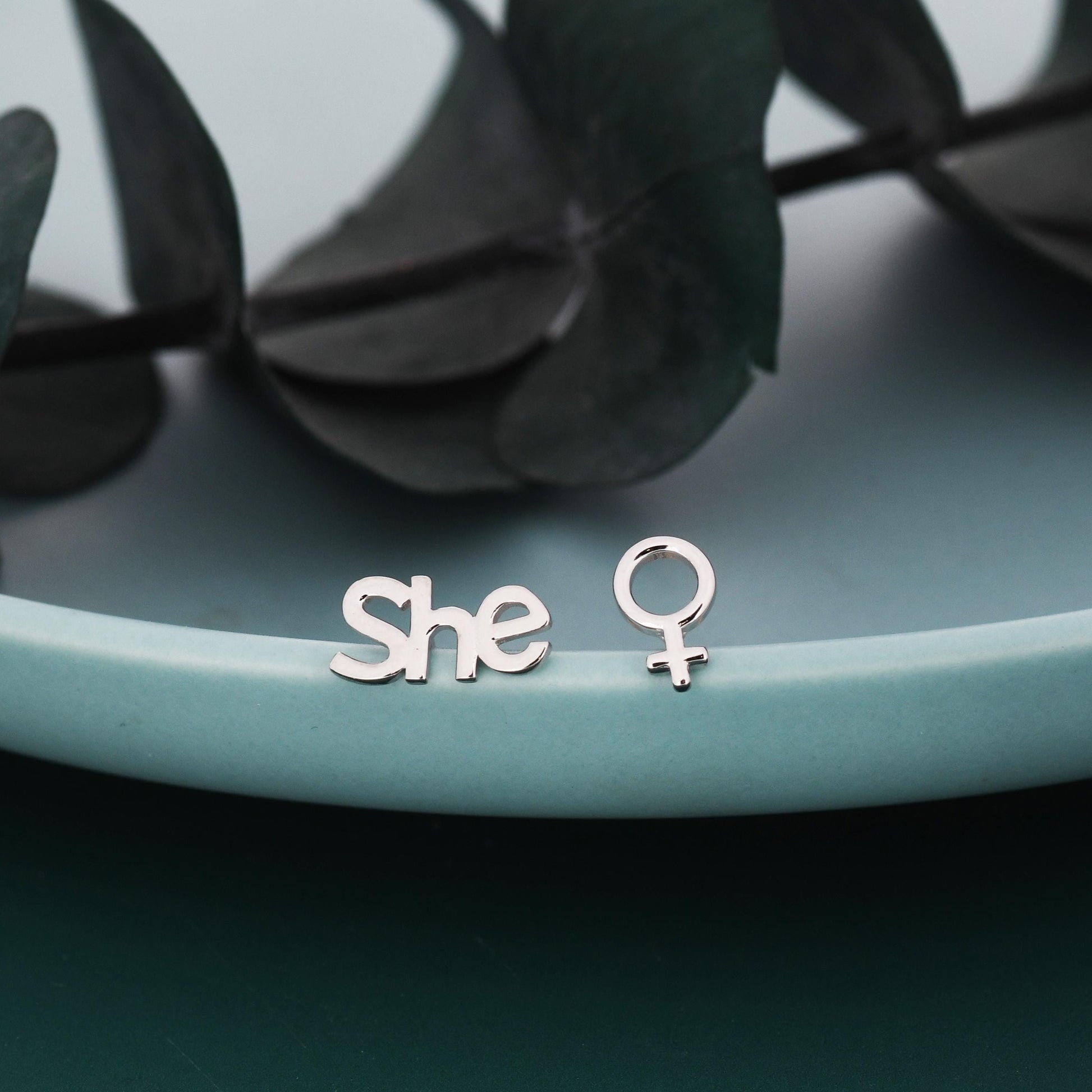 Mismatched Sterling Silver Female Symbol and She Stud Earrings, Silver, Gold or Rose Gold, Venus Earrings, Feminist Earrings