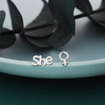 Mismatched Sterling Silver Female Symbol and She Stud Earrings, Silver, Gold or Rose Gold, Venus Earrings, Feminist Earrings