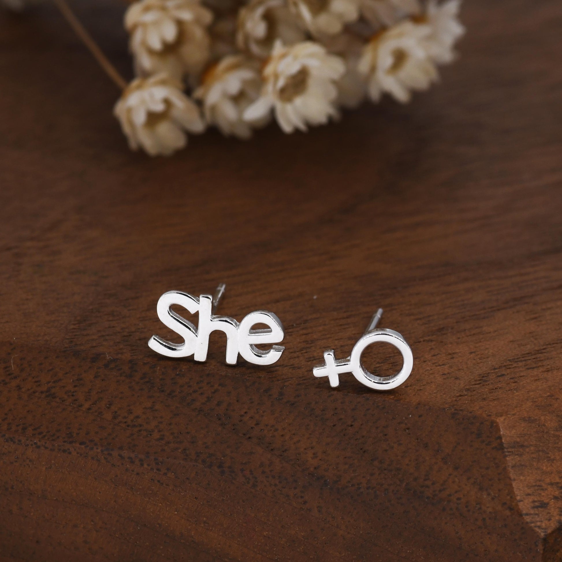 Mismatched Sterling Silver Female Symbol and She Stud Earrings, Silver, Gold or Rose Gold, Venus Earrings, Feminist Earrings