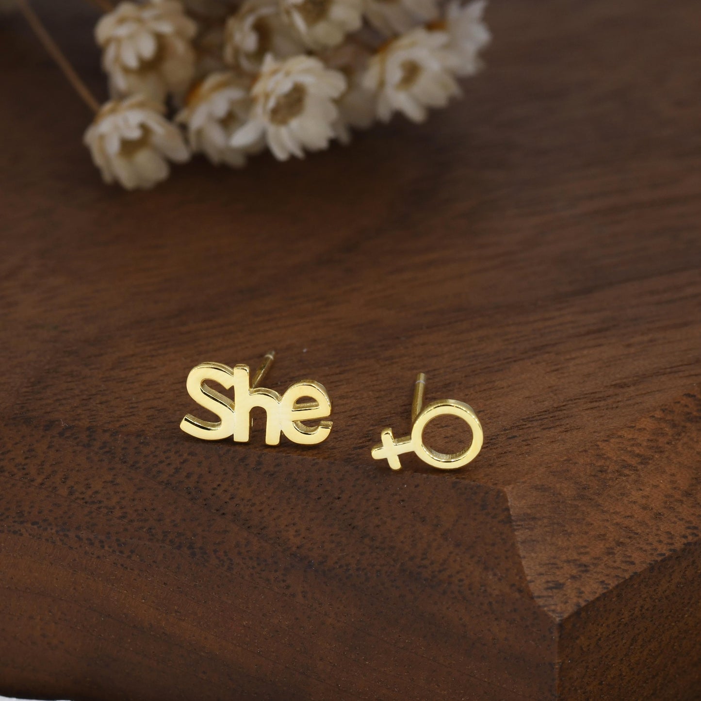 Mismatched Sterling Silver Female Symbol and She Stud Earrings, Silver, Gold or Rose Gold, Venus Earrings, Feminist Earrings