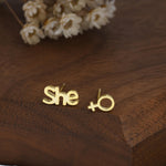 Mismatched Sterling Silver Female Symbol and She Stud Earrings, Silver, Gold or Rose Gold, Venus Earrings, Feminist Earrings
