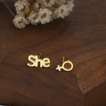 Mismatched Sterling Silver Female Symbol and She Stud Earrings, Silver, Gold or Rose Gold, Venus Earrings, Feminist Earrings