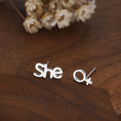 Mismatched Sterling Silver Female Symbol and She Stud Earrings, Silver, Gold or Rose Gold, Venus Earrings, Feminist Earrings