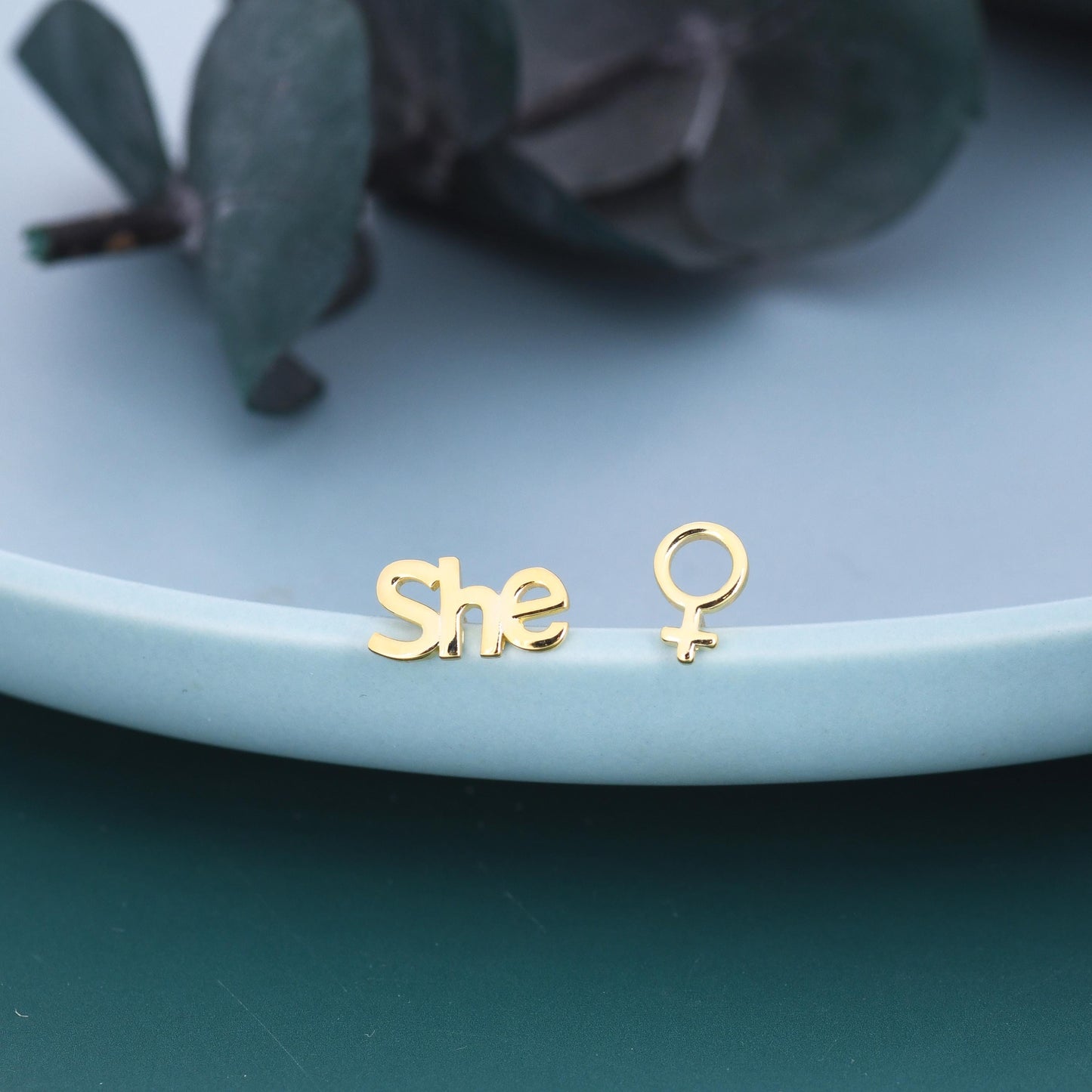 Mismatched Sterling Silver Female Symbol and She Stud Earrings, Silver, Gold or Rose Gold, Venus Earrings, Feminist Earrings