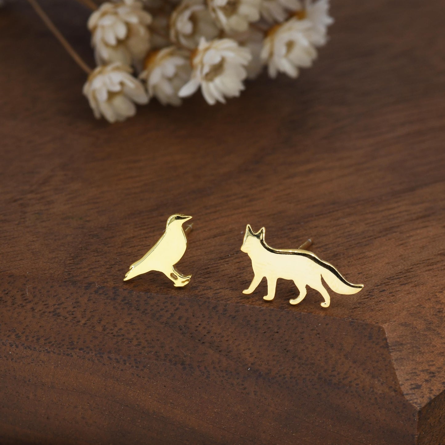 Mismatched Fox and Crow Stud Earrings in Sterling Silver, Cute Fun Quirky, Silver or Gold Finish, Gift for Her, Animal Lover