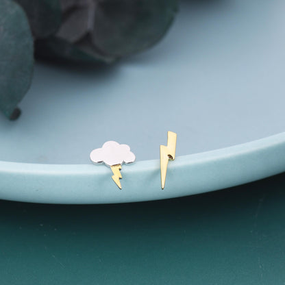 Mismatched Lightning Bolt and Cloud Stud Earrings in Sterling Silver, Asymmetric Cloud and Lightning Bolt Earrings