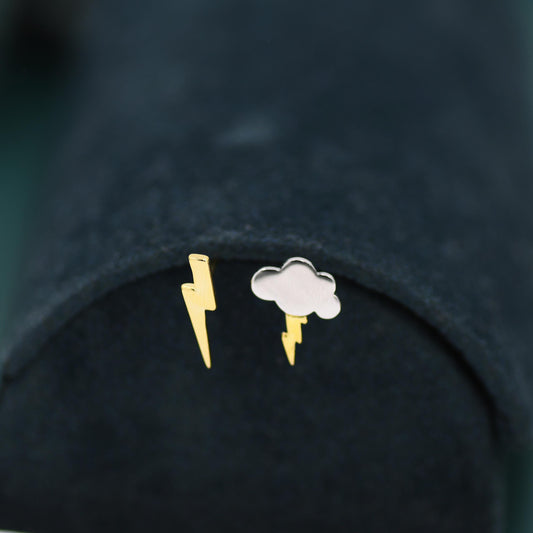 Mismatched Lightning Bolt and Cloud Stud Earrings in Sterling Silver, Asymmetric Cloud and Lightning Bolt Earrings