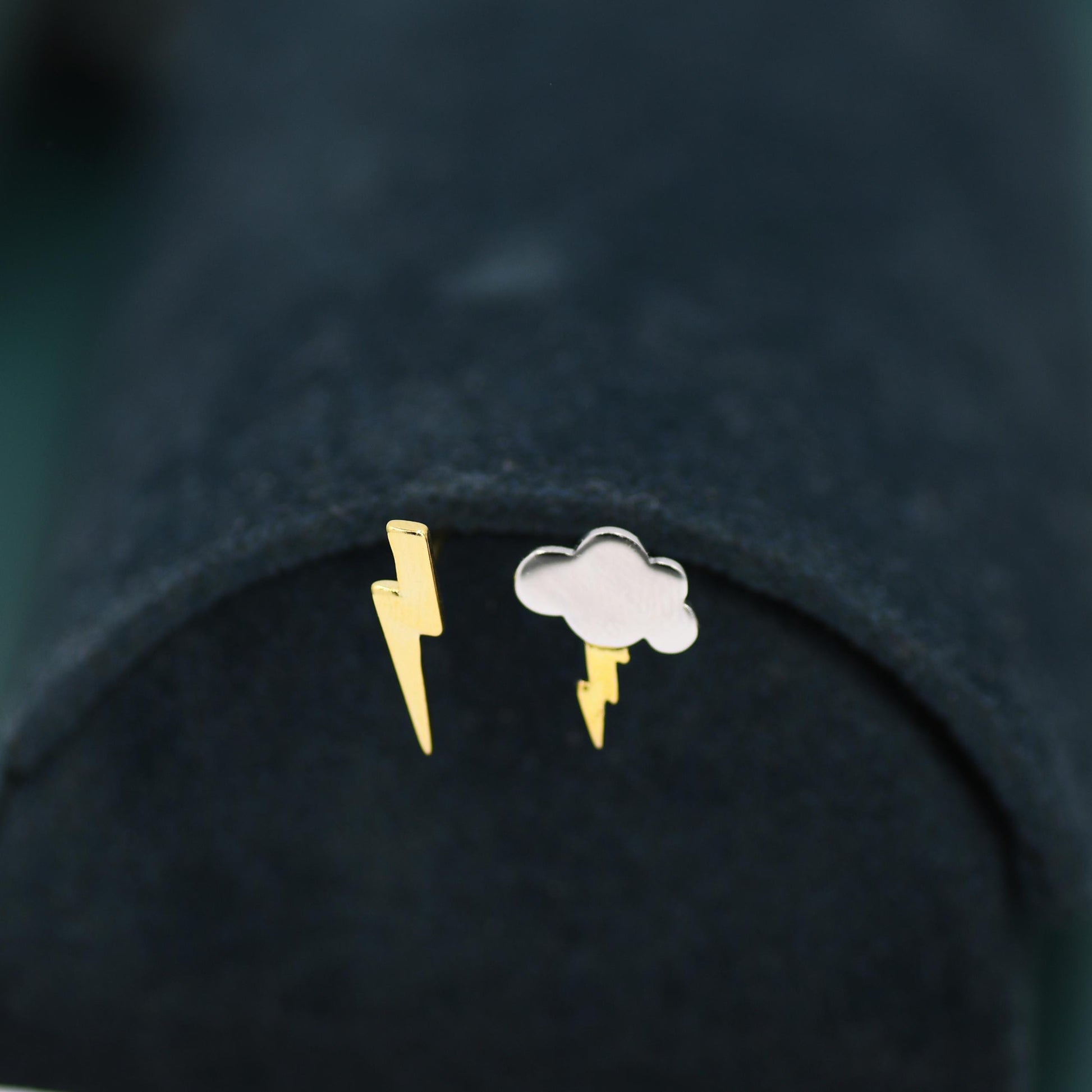 Mismatched Lightning Bolt and Cloud Stud Earrings in Sterling Silver, Asymmetric Cloud and Lightning Bolt Earrings