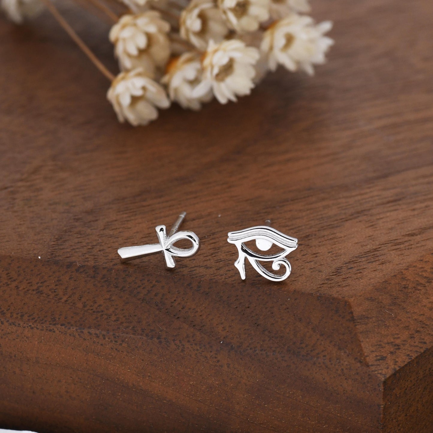 Mismatched Ankh and Eye of Horus Stud Earrings in Sterling Silver, Silver or Gold Finish, Egyptian Hieroglyphics Earrings, Ankh Earrings