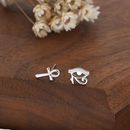Mismatched Ankh and Eye of Horus Stud Earrings in Sterling Silver, Silver or Gold Finish, Egyptian Hieroglyphics Earrings, Ankh Earrings