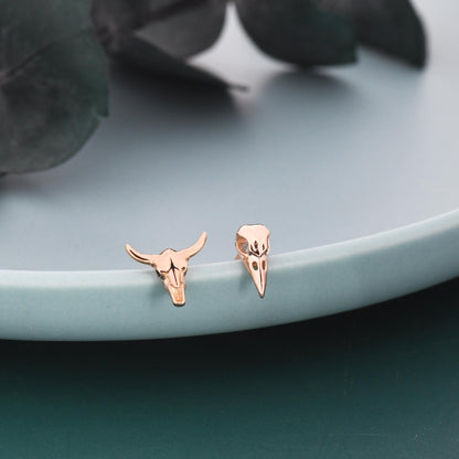 Mismatched Sterling Silver Bird Skull and Bull Skull Stud Earrings, Silver or Gold or Rose Gold, Bird Skeleton Earrings in Sterling Silver