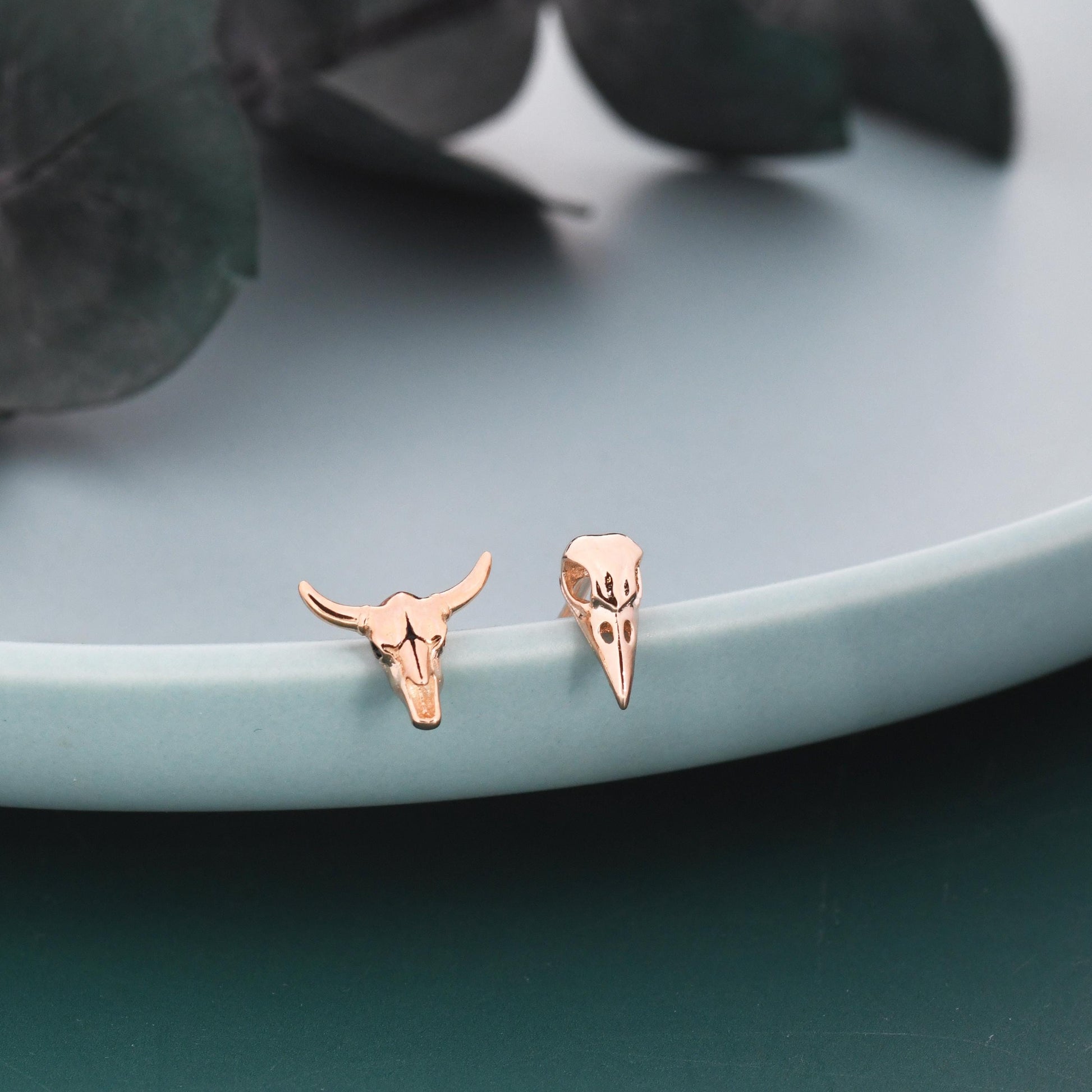 Mismatched Sterling Silver Bird Skull and Bull Skull Stud Earrings, Silver or Gold or Rose Gold, Bird Skeleton Earrings in Sterling Silver