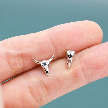 Mismatched Sterling Silver Bird Skull and Bull Skull Stud Earrings, Silver or Gold or Rose Gold, Bird Skeleton Earrings in Sterling Silver