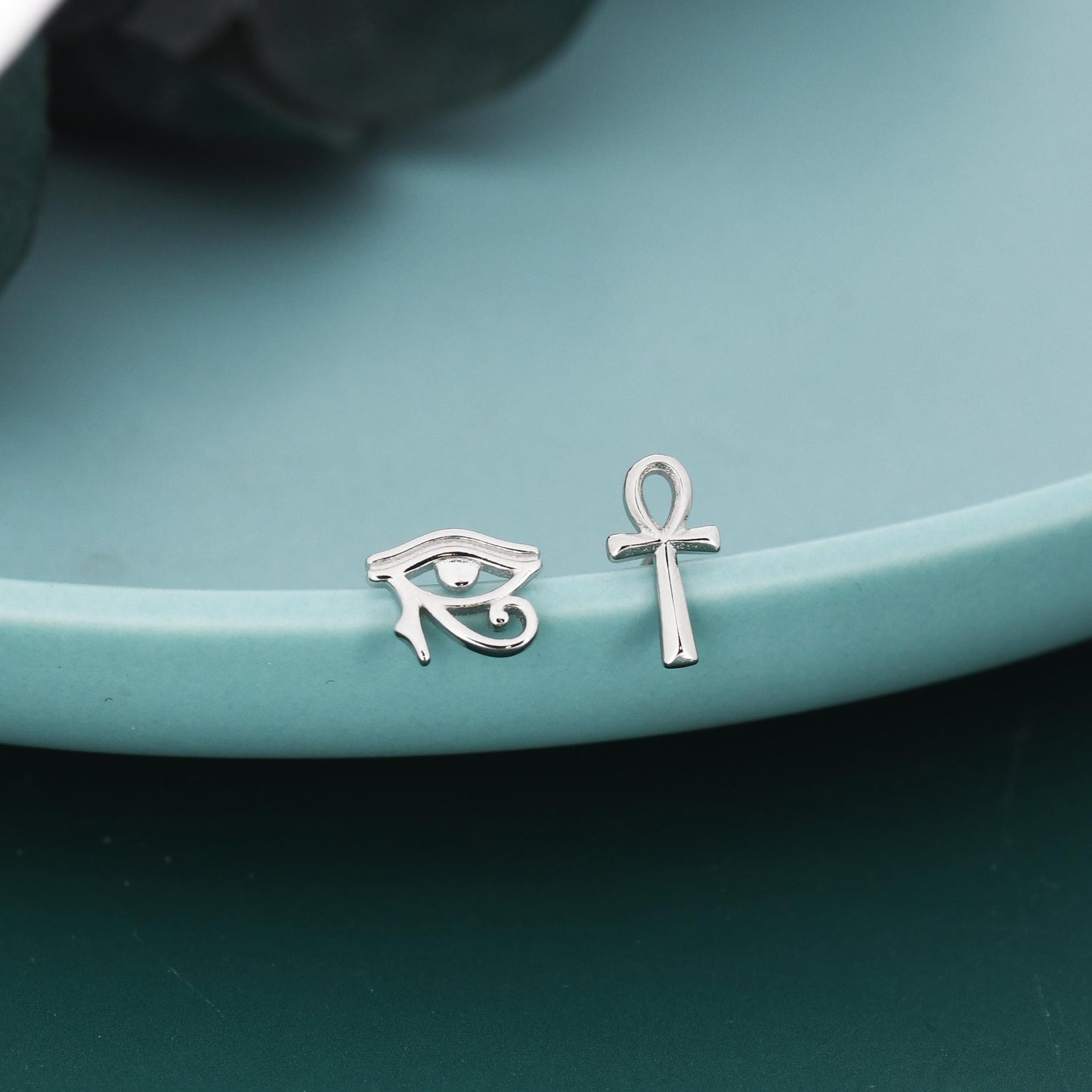Mismatched Ankh and Eye of Horus Stud Earrings in Sterling Silver, Silver or Gold Finish, Egyptian Hieroglyphics Earrings, Ankh Earrings