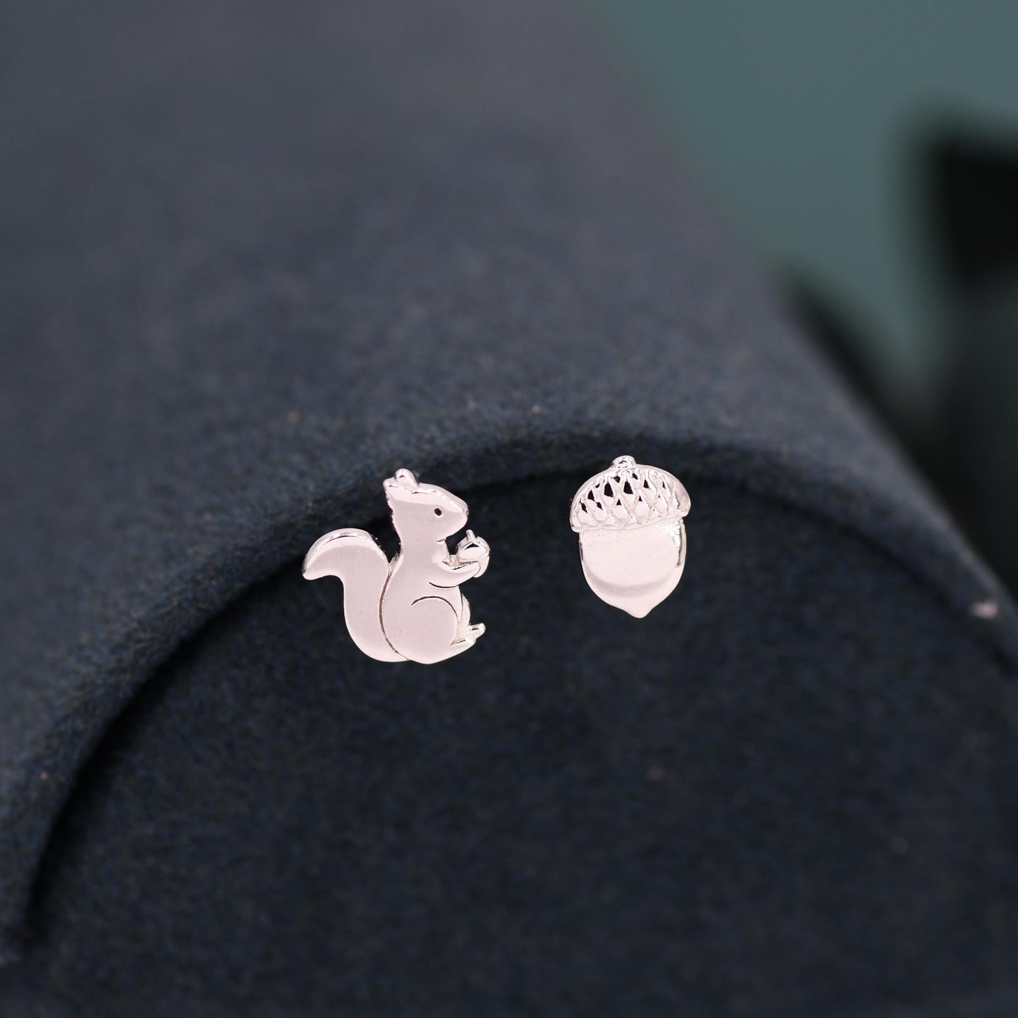Mismatched Squirrel and Acorn Nut Stud Earrings in Sterling Silver, Silver or Gold Finish, Cute Fun Quirky, Animal Lover, Nature Inspired