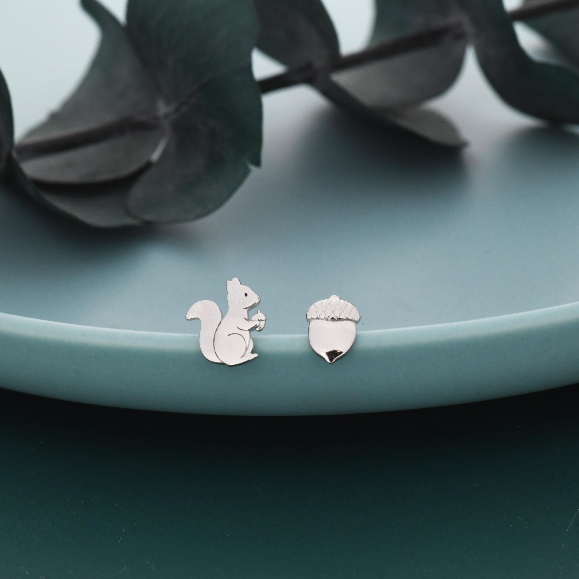 Mismatched Squirrel and Acorn Nut Stud Earrings in Sterling Silver, Silver or Gold Finish, Cute Fun Quirky, Animal Lover, Nature Inspired