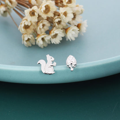Mismatched Squirrel and Pinecone Nut Stud Earrings in Sterling Silver, Silver or Gold Finish, Cute Fun Quirky, Nature Inspired