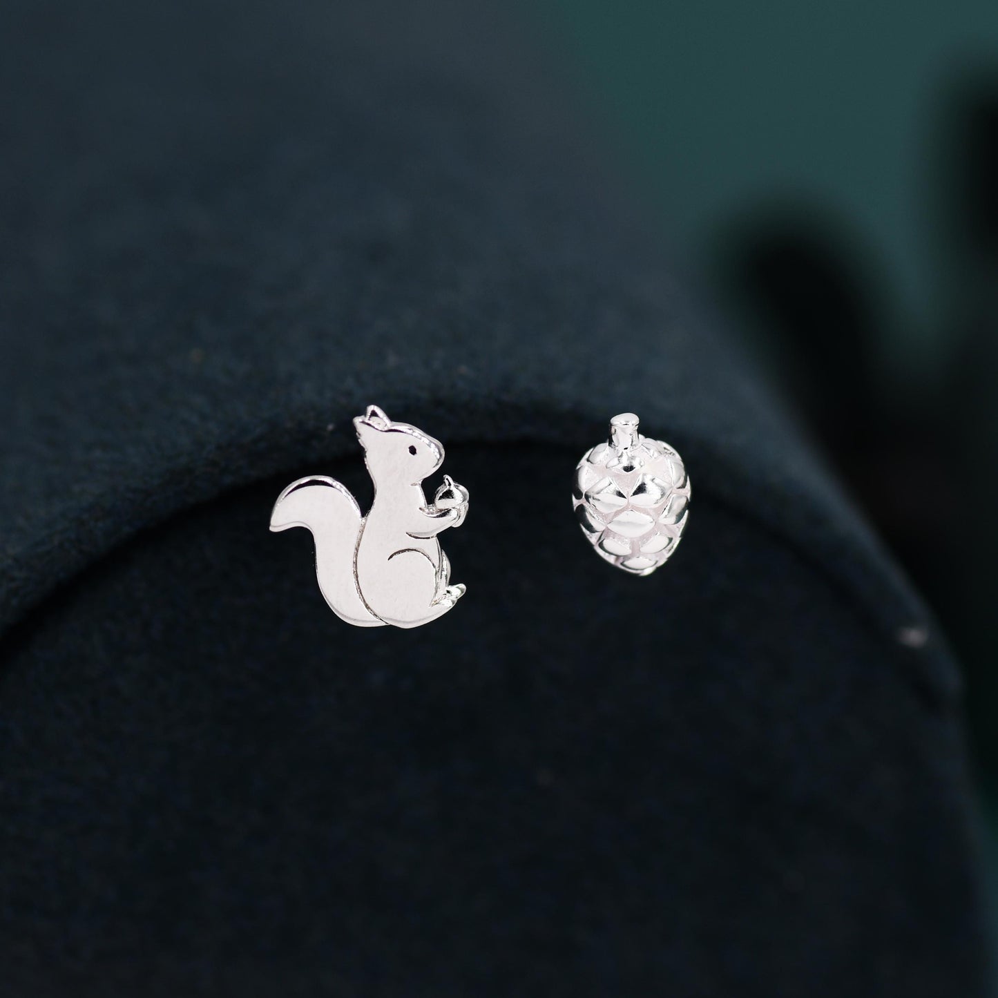Mismatched Squirrel and Pinecone Nut Stud Earrings in Sterling Silver, Silver or Gold Finish, Cute Fun Quirky, Nature Inspired