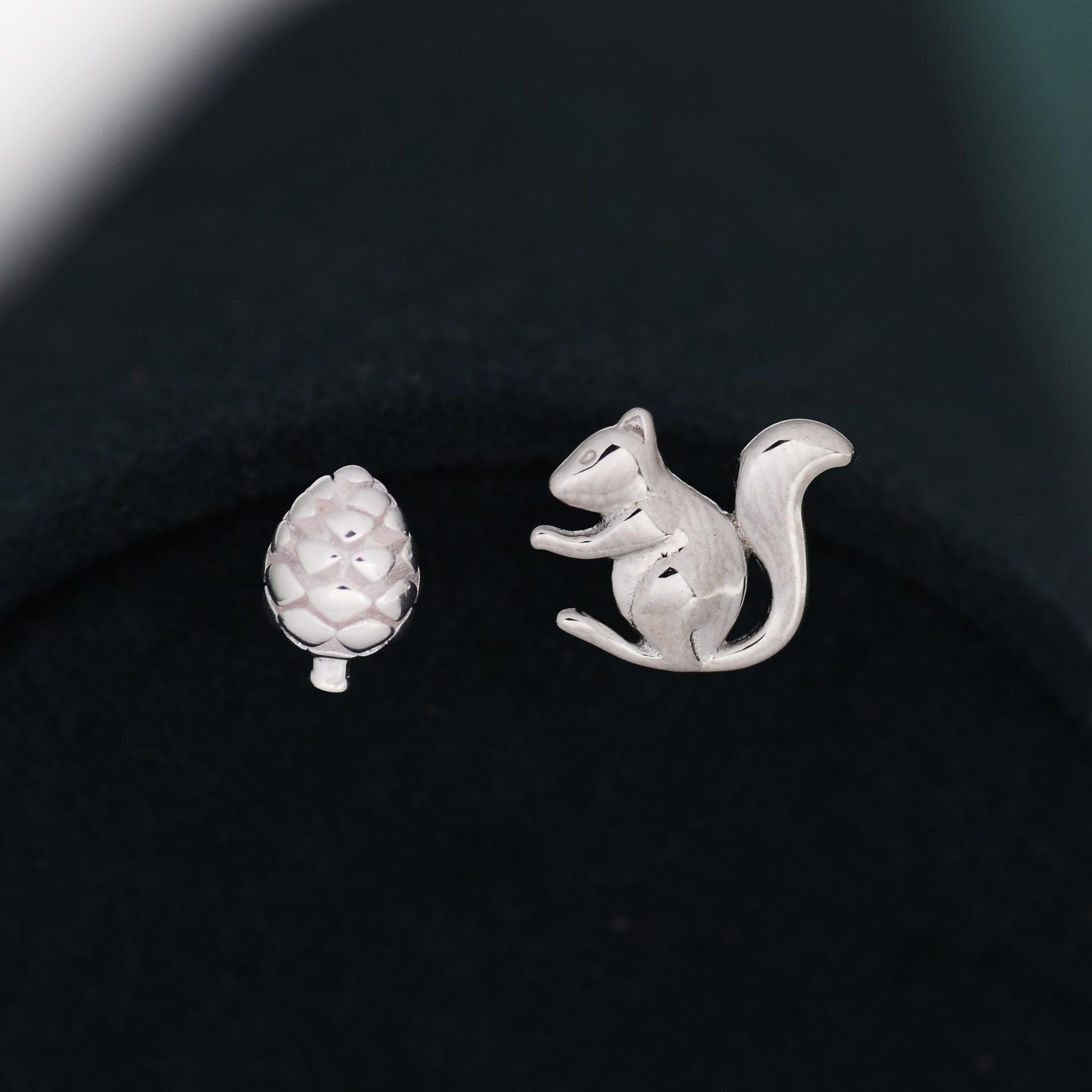 Mismatched Pine Cone and Squirrel Stud Earrings in Sterling Silver, Silver or Gold Finish, Tiny Asymmetric Squirrel and Pinecone Earrings