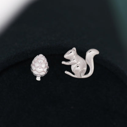 Mismatched Pine Cone and Squirrel Stud Earrings in Sterling Silver, Silver or Gold Finish, Tiny Asymmetric Squirrel and Pinecone Earrings
