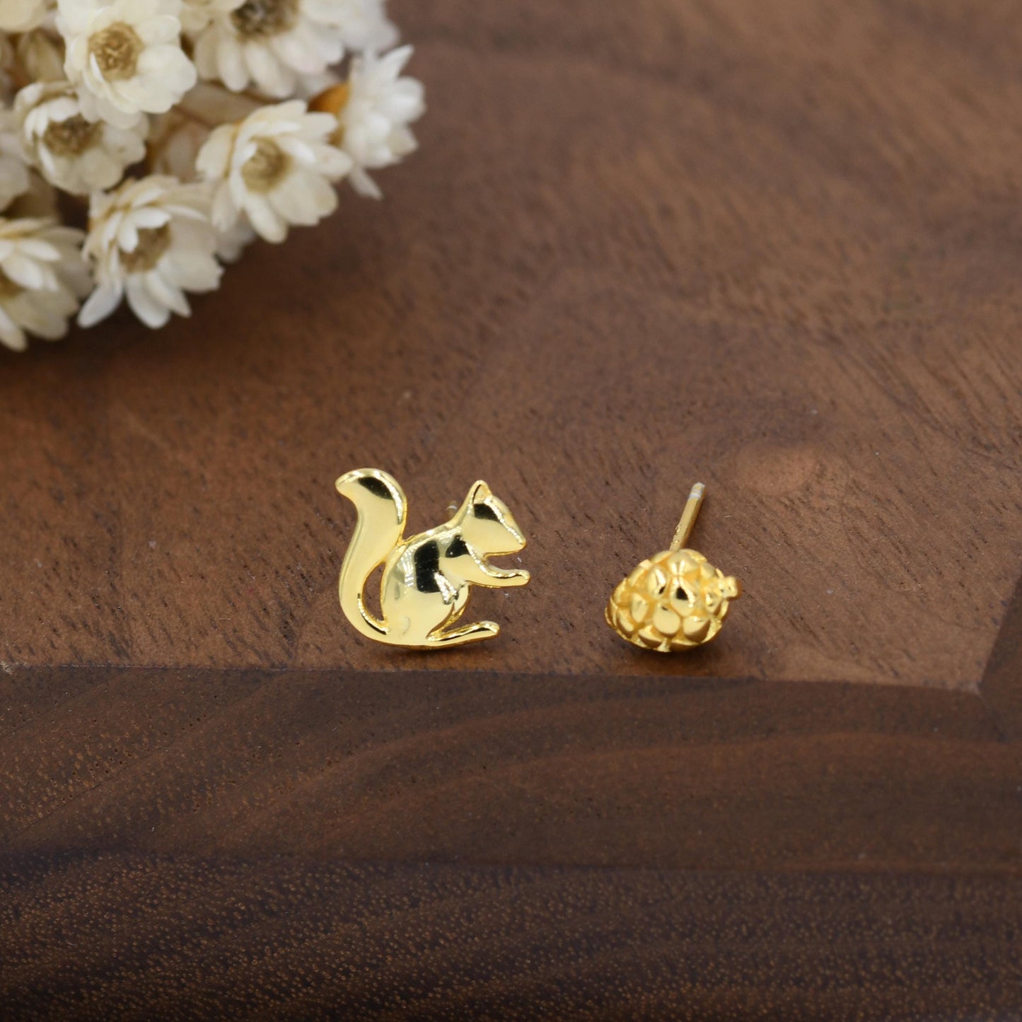 Mismatched Pine Cone and Squirrel Stud Earrings in Sterling Silver, Silver or Gold Finish, Tiny Asymmetric Squirrel and Pinecone Earrings