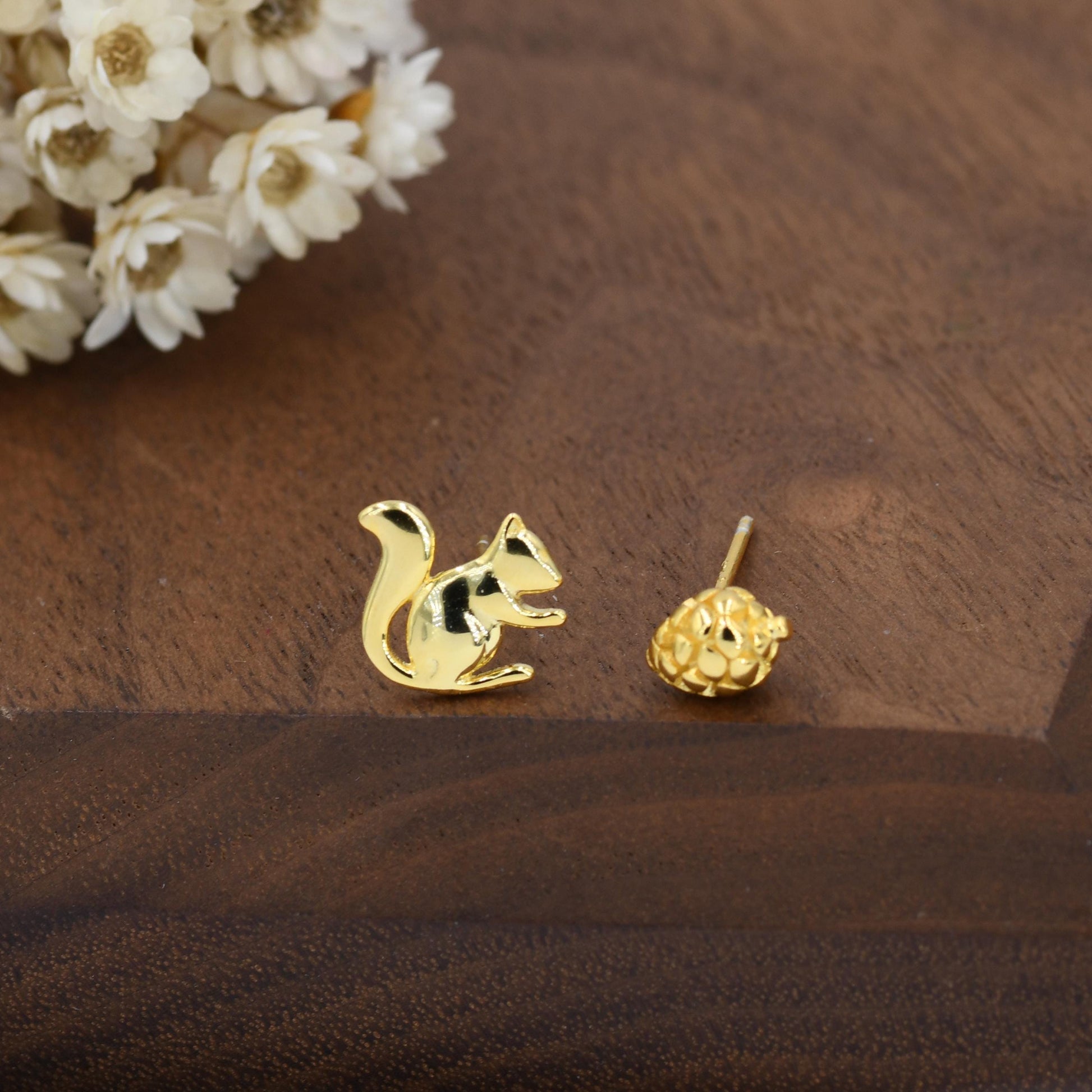 Mismatched Pine Cone and Squirrel Stud Earrings in Sterling Silver, Silver or Gold Finish, Tiny Asymmetric Squirrel and Pinecone Earrings