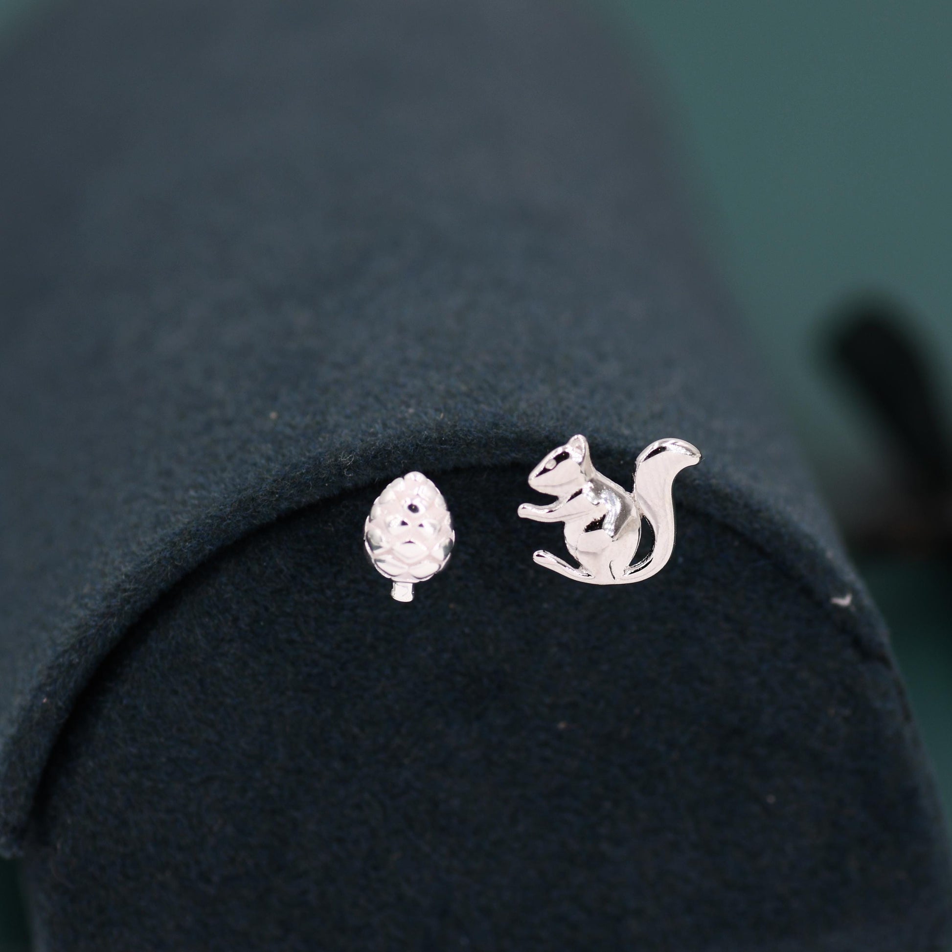 Mismatched Pine Cone and Squirrel Stud Earrings in Sterling Silver, Silver or Gold Finish, Tiny Asymmetric Squirrel and Pinecone Earrings