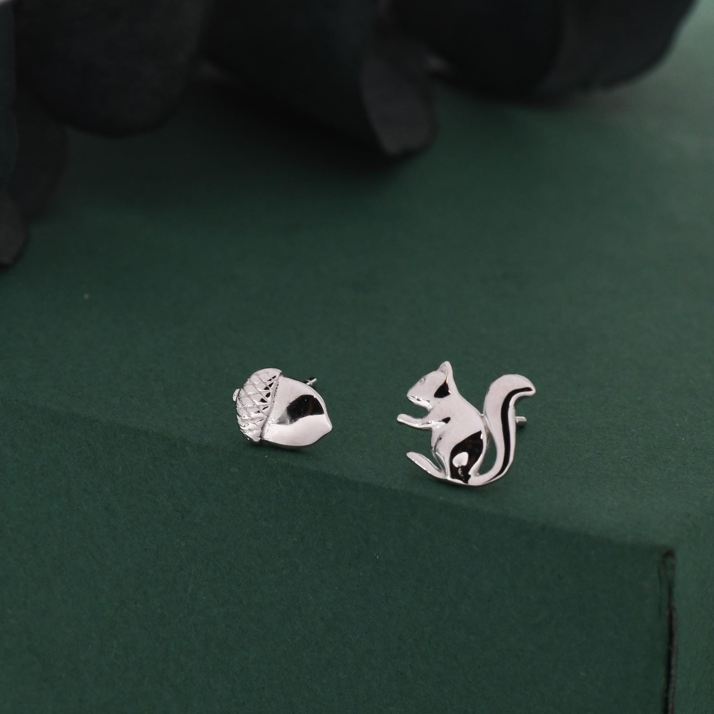 Mismatched Squirrel and Acorn Stud Earrings in Sterling Silver, Silver or Gold, Asymmetric Squirrel and Nut Earrings